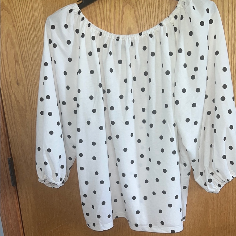 Premise‎ White Blouse Puff Sleeves and Black Polka Dots size XL off shoulder - Picture 5 of 5